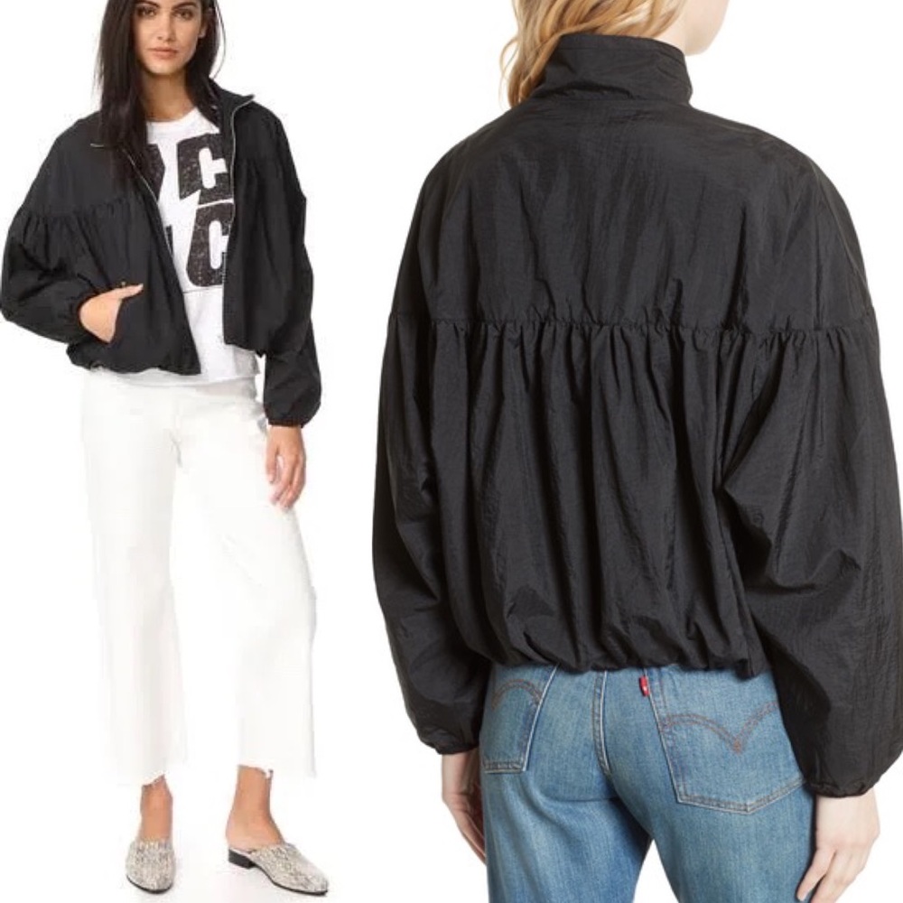 Free People Black Windbreaker Jacket Dolman Balloon Sleeve Bomber Zip Up Medium
